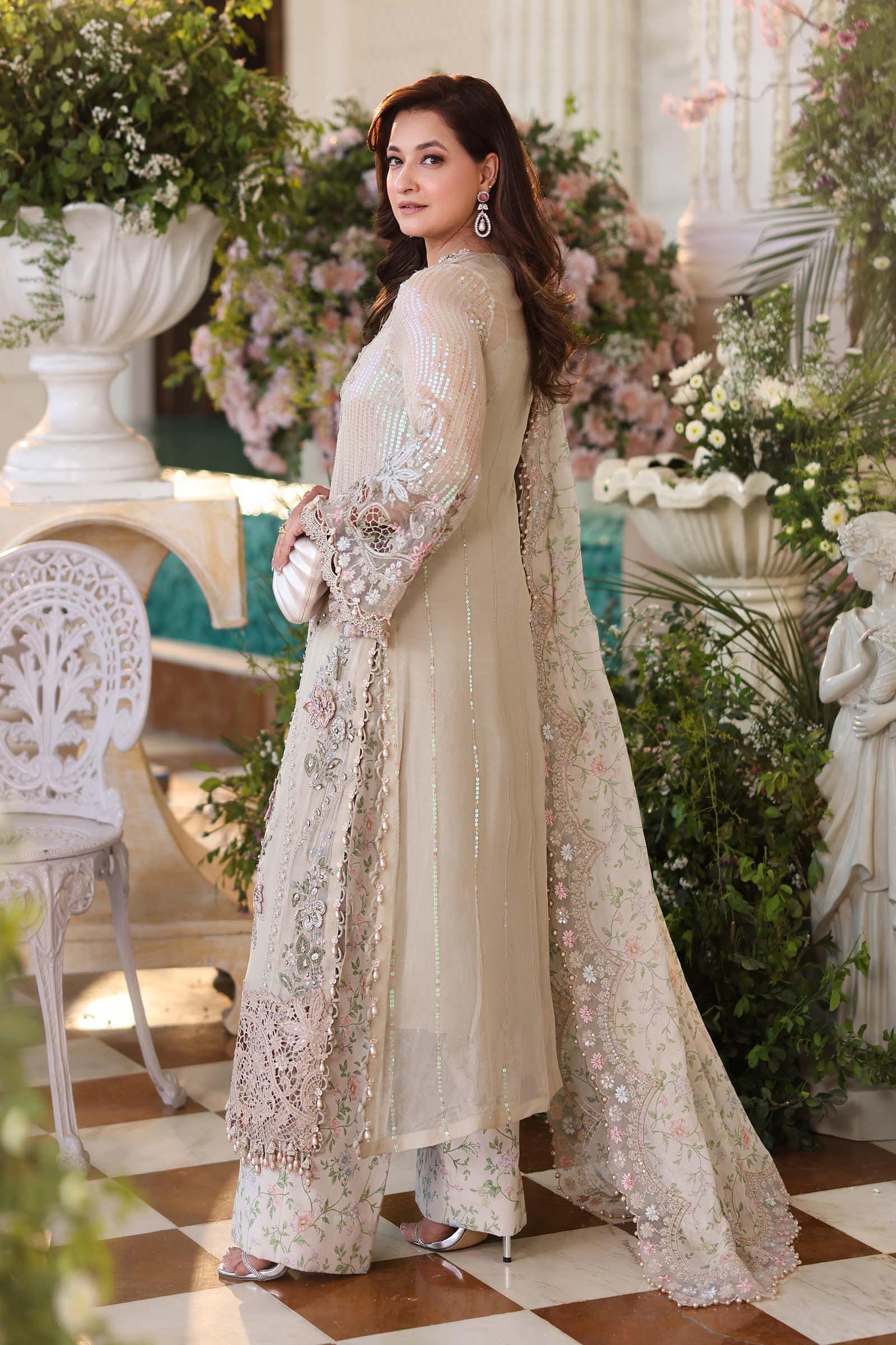 MARIA B Embroidered Chiffon clothing in ivory tones.